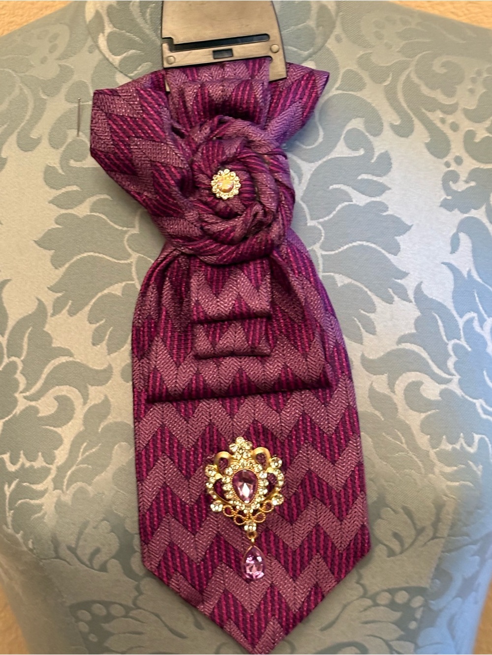 Purple Chevron Statement Necktie necklace with Gold Rhinestone Brooches